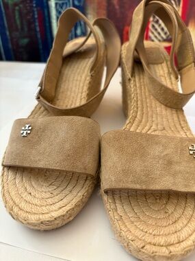 Tory Burch Ines Tan Suede Espadrille Wedge Sandals - Size 10 M